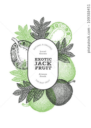 Hand drawn sketch style jackfruit banner. Organic fresh fruit vector illustration. Retro breadfruit design template Hand drawn sketch style jackfruit banner. Organic fresh fruit vector illustration. Retro breadfruit design template 109388451