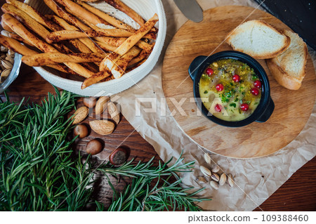 Delicious food pate with bread on the table 109388460