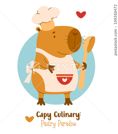 Cute capybara cook with spoon. Funny capibara character. Vector illustration in flat style. Cool card with animal rodent for cards, design, print, kids collection. 109388472