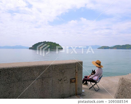 大芝島度假：一名婦女和她的狗在海灘上曬太陽（廣島縣東廣島市） 109388534