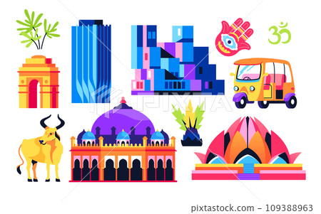 Culture and landmark of India - flat design style objects set 109388963