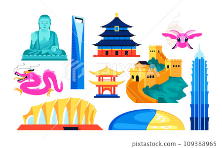 Antiquities and features of China - flat design style objects set 109388965