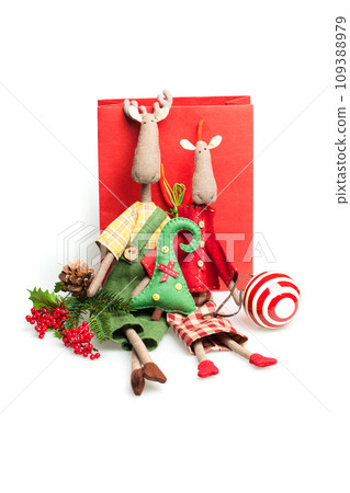 Christmas souvenir present gift. Xmas tradicional handmade sewing soft textile toy elk in red  109388979