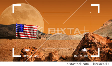 Red desert planet landscape through viewfinder of Mars rover. Cosmic scene with desert, stone 109389015