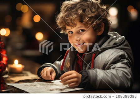 Cute little boy with curly hair writes the letter to Santa Claus Cute little boy with curly hair writes the letter to Santa Claus 109389083