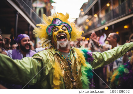Mardi gras concept - happy people celebrate and dance during the parade outside Mardi gras concept - happy people celebrate and dance during the parade outside 109389092