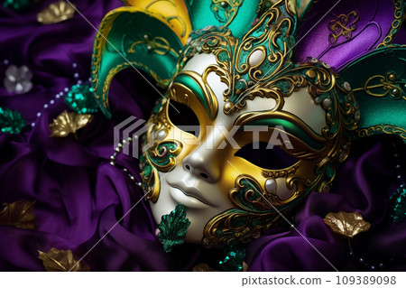 Mardi gras carnival concept - green, yellow and purple mask with decorations Mardi gras carnival concept - green, yellow and purple mask with decorations 109389098