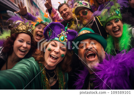 Mardi gras concept - happy people celebrate and dance during the parade outside Mardi gras concept - happy people celebrate and dance during the parade outside 109389101