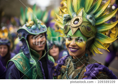Mardi gras concept - happy people celebrate and dance during the parade outside 109389109