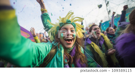 Mardi gras concept - happy people celebrate and dance during the parade outside Mardi gras concept - happy people celebrate and dance during the parade outside 109389115