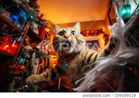 A cat left alone at home wreaks havoc in a room decorated for Christmas 109389119