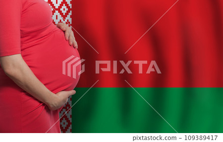 Pregnant woman belly on Belarusian flag background Pregnant woman belly on Belarusian flag background 109389417