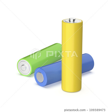 Three AA size batteries with different colors 109389473