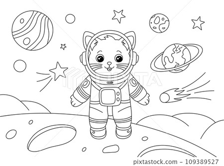 Coloring page with astronaut cat and planets. Coloring page with astronaut cat and planets. 109389527