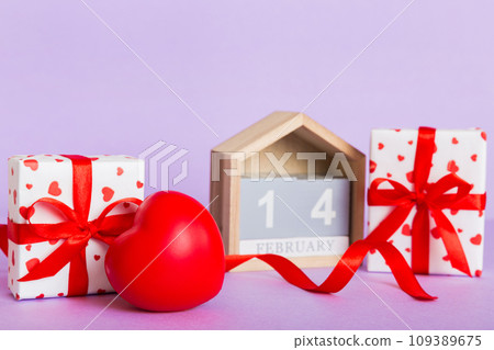 Valentine Day theme with wooden block calendar. Greeting card template for Valentines Day copy space for text Valentine Day theme with wooden block calendar. Greeting card template for Valentines Day copy space for text 109389675