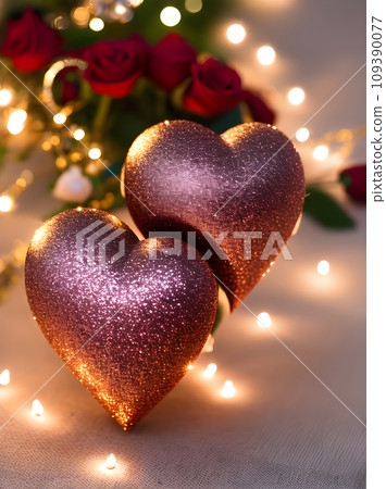 Romantic Valentines Day with hearts champagne roses. 109390077