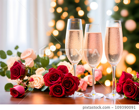 Romantic Valentines Day experience with hearts champagne 109390091