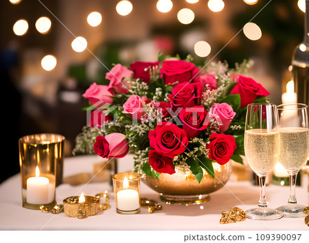 Romantic VDay vibes: hearts champagne roses 109390097
