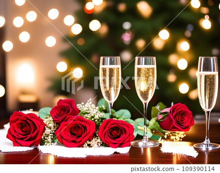 Romantic Valentines Day with hearts champagne roses. 109390114