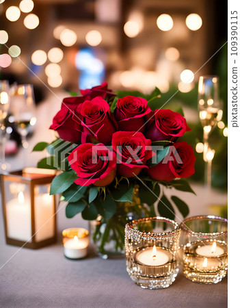 Romantic Valentines Day featuring hearts champagne roses. 109390115