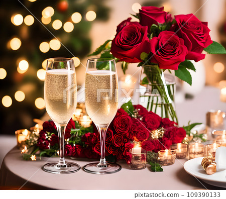 Romantic celebration with hearts champagne and roses. 109390133