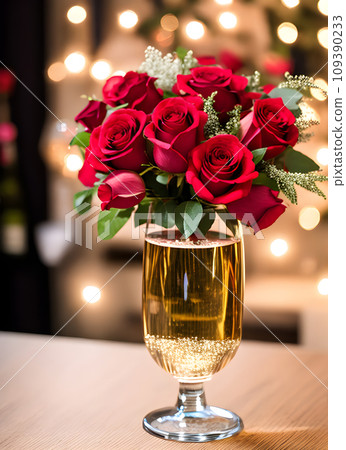 Romantic celebration with hearts champagne and roses. 109390233