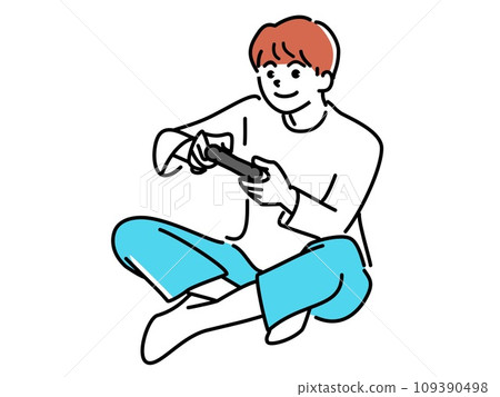 A boy sitting cross-legged and playing a game Color 109390498