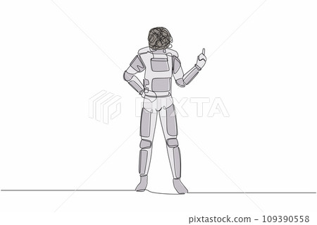 Single continuous line drawing astronaut with round scribbles instead of head, standing showing threatening gesture with clenched fist. Cosmonaut deep space. One line draw design vector illustration 109390558
