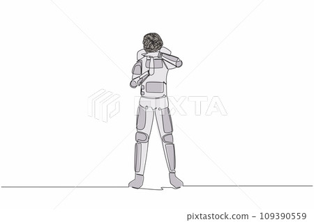 Single one line drawing astronaut with round scribbles instead of head. Stop working, time break gesture, timeout signal. Pause. Cosmic galaxy space. Continuous line graphic design vector illustration Single one line drawing astronaut with round scribbles instead of head. Stop working, time break gesture, timeout signal. Pause. Cosmic galaxy space. Continuous line graphic design vector illustration 109390559