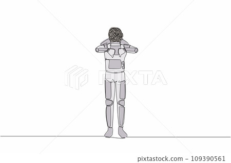 Continuous one line drawing astronaut with round scribbles instead of head, showing thumbs down sign, dislike, negative expression. Cosmonaut outer space. Single line draw design vector illustration 109390561