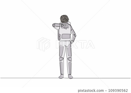 Single one line drawing of young astronaut with round scribbles instead of head, showing thumbs down sign, dislike, disapproval. Cosmic galaxy space. Continuous line graphic design vector illustration 109390562