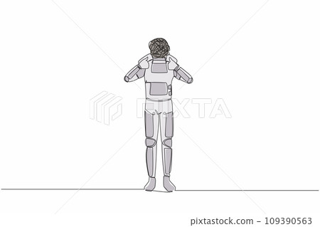 Single continuous line drawing astronaut with round scribbles instead of head. Confused spaceman showing thumb up. Deal, like, agree. Cosmonaut deep space. One line graphic design vector illustration Single continuous line drawing astronaut with round scribbles instead of head. Confused spaceman showing thumb up. Deal, like, agree. Cosmonaut deep space. One line graphic design vector illustration 109390563