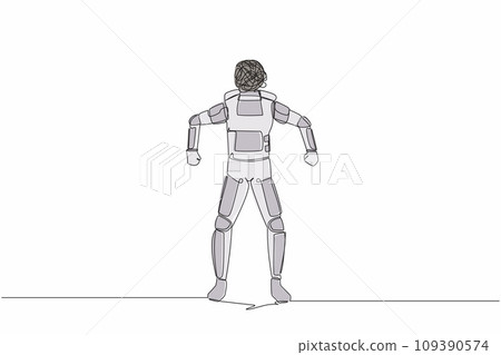 Single one line drawing of astronaut with round scribble instead of head. Angry spaceman. Emotional in rage. Feeling anger. Cosmic galaxy space. Continuous line draw graphic design vector illustration 109390574