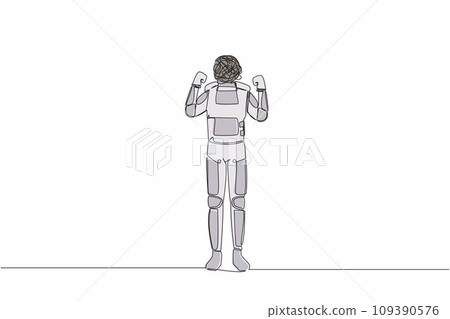 Single continuous line drawing astronaut with round scribbles instead of head. Angry robot raised fist and shout screaming expression. Cosmonaut deep space. One line graphic design vector illustration 109390576