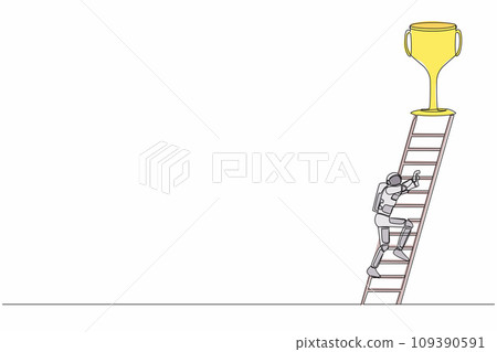 Single one line drawing young astronaut climb ladder to get trophy. Motivation to success in starship galactic expedition. Cosmic galaxy space. Continuous line draw graphic design vector illustration 109390591