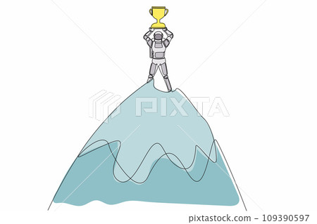 Single one line drawing astronaut lifting up trophy on top high mountain. Success and goal achievement in space wormhole research. Cosmic galaxy space. Continuous line draw design vector illustration 109390597