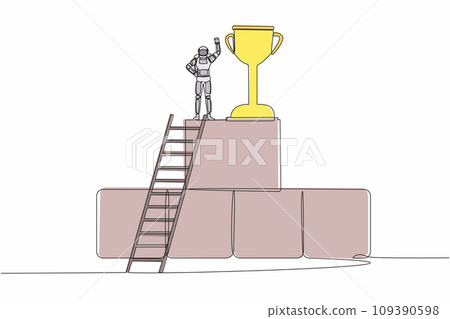 Single one line drawing astronaut climb ladder and standing with fist up gesture on big graphic bar beside huge trophy. Celebrate success space exploration. Continuous line design vector illustration Single one line drawing astronaut climb ladder and standing with fist up gesture on big graphic bar beside huge trophy. Celebrate success space exploration. Continuous line design vector illustration 109390598