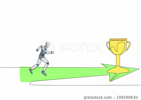 Single continuous line drawing of robot running to golden trophy. Tech business direction. Robotic artificial intelligence. Electronic technology industry. One line graphic design vector illustration Single continuous line drawing of robot running to golden trophy. Tech business direction. Robotic artificial intelligence. Electronic technology industry. One line graphic design vector illustration 109390630