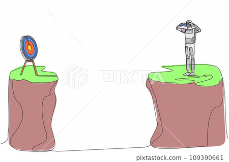 Continuous one line draw astronaut standing on cliff with binoculars looking for target on another cliff. Focus in spaceship innovation. Cosmonaut outer space. Single line design vector illustration Continuous one line draw astronaut standing on cliff with binoculars looking for target on another cliff. Focus in spaceship innovation. Cosmonaut outer space. Single line design vector illustration 109390661