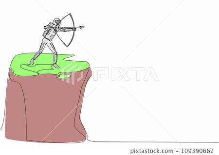 Single continuous line drawing astronaut standing on cliff with archery in hand. Spaceman focus to discovery many planets around galaxy. Cosmonaut deep space. One line draw design vector illustration Single continuous line drawing astronaut standing on cliff with archery in hand. Spaceman focus to discovery many planets around galaxy. Cosmonaut deep space. One line draw design vector illustration 109390662