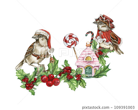 Christmas composition with bird sparrow in red Christmas hat and coat . Hand drawn watercolor elements. Perfect for wedding invitation, greetings card, posters, party decoration. 109391003