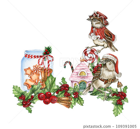 Christmas composition with glass bottle with gingerbread inside and sparrow. Watercolor hand drawn illustration. New Year's card,perfect for wedding, invitations, blogs, card templates, patterns. Christmas composition with glass bottle with gingerbread inside and sparrow. Watercolor hand drawn illustration. New Year's card,perfect for wedding, invitations, blogs, card templates, patterns. 109391005