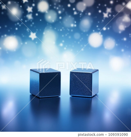 Abstract square banner with stars and circle bokeh lights and two square exhibition stands on blue and light blue background. AI generated image 109391090