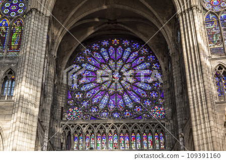 stained glass in basilica of saint-denis, France stained glass in basilica of saint-denis, France 109391160