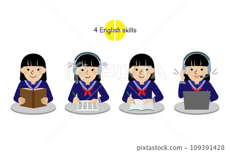 日本女初高中生穿著水手服做英語四技能動作的上半身插畫集 109391428