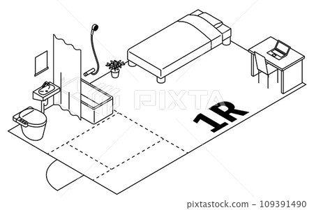 Moving floor plan (one room) image, simple line drawing isometric illustration Moving floor plan (one room) image, simple line drawing isometric illustration 109391490