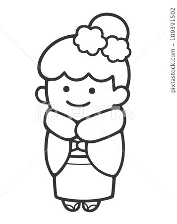 穿和服的女人[單色，無背景，畫線] 109391502