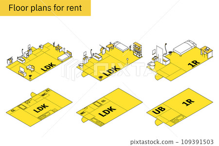 移動平面圖(2LDK、1LDK、工作室)影像,簡單線條畫等軸圖 移動平面圖(2LDK、1LDK、工作室)影像,簡單線條畫等軸圖 109391503