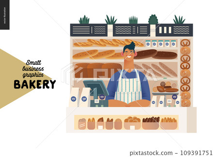 Bakery -small business illustrations -bakery vendor -modern flat vector concept illustration of a shop assistant wearing apron at the counter with display case and shelves full of bread behind 109391751