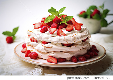 Homemade delicious meringue cake "Pavlova" with fresh straberry and mascarpone on a white background Homemade delicious meringue cake "Pavlova" with fresh straberry and mascarpone on a white background 109391979